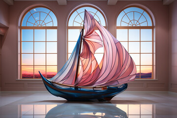 Aufkleber - Beautiful abstract geometric sculpture Ship, rendered in soft hues of pink, purple, and blue, exuding a serene and regal presence . Generative AI technology.