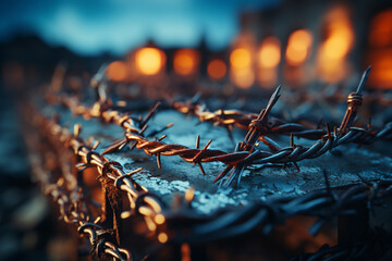 Poster - A close-up of prison barbed wire with a blurred background, symbolizing the concept of confinement and loss of freedom.  Generative AI technology.