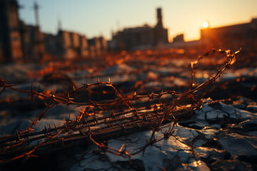 Poster - A close-up of prison barbed wire with a blurred background, symbolizing the concept of confinement and loss of freedom.  Generative AI technology.
