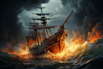 Aufkleber - A dramatic storm at sea, with towering waves crashing against a ship, emphasizing the challenges and dangers of seafaring.  Generative AI technology.