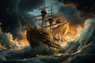 Aufkleber - A dramatic storm at sea, with towering waves crashing against a ship, emphasizing the challenges and dangers of seafaring.  Generative AI technology.
