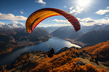 Aufkleber - A paraglider soaring above a mountain range, enjoying the freedom and exhilaration of flying with minimal equipment.  Generative AI technology.