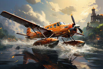 Aufkleber - A seaplane landing on the water, highlighting the versatility of aircraft that can take off and land on both land and water.  Generative AI technology.