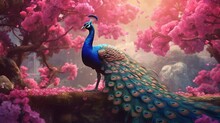 A Peacock Stands Gracefully Against A Backdrop Of Pink Flowers. Generative AI