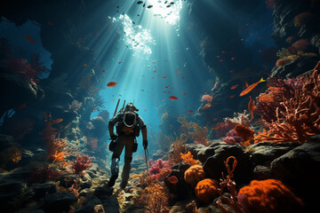 Aufkleber - A scuba diver exploring a vibrant coral reef, surrounded by colorful fish and marine life.  Generative AI technology.