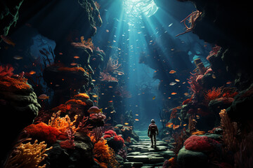 Poster - A scuba diver exploring a vibrant coral reef, surrounded by colorful fish and marine life.  Generative AI technology.