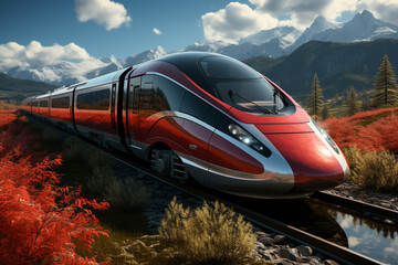 Aufkleber - A modern high-speed train speeding through a picturesque countryside, leaving a streak of motion blur behind.  Generative AI technology.