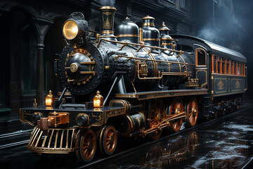 Aufkleber - A vintage steam locomotive with polished brass details, showcasing the craftsmanship of early train designs. Generative AI technology.