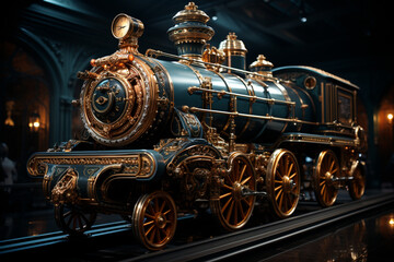Aufkleber - A vintage steam locomotive with polished brass details, showcasing the craftsmanship of early train designs.  Generative AI technology.