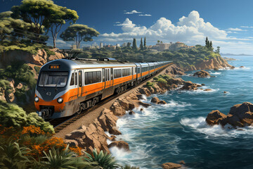 Aufkleber - A train traveling alongside a stunning coastal landscape, with waves crashing against rocky cliffs.  Generative AI technology.