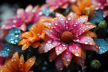 Aufkleber - Raindrops falling on a colorful garden, enhancing the vibrant hues of flowers and foliage.  Generative AI technology.