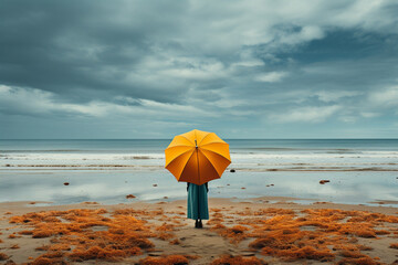 Fototapete - A person with an open umbrella walking on a rainy beach, enjoying the solitude and peacefulness.  Generative AI technology.