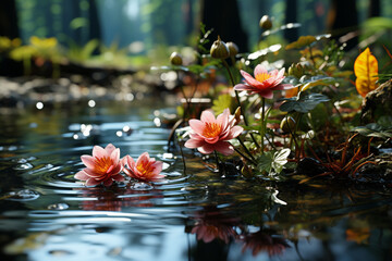 Aufkleber - Raindrops falling on a garden pond, causing gentle ripples and enhancing the serenity of the scene.  Generative AI technology.
