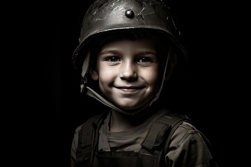 Canvas Print - Portrait of a cute little boy in military uniform on dark background.Generative Ai