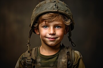 Canvas Print - Portrait of a cute little boy in military uniform on dark background.Generative Ai