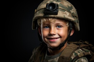 Canvas Print - Portrait of a cute little boy in military uniform on dark background.Generative Ai