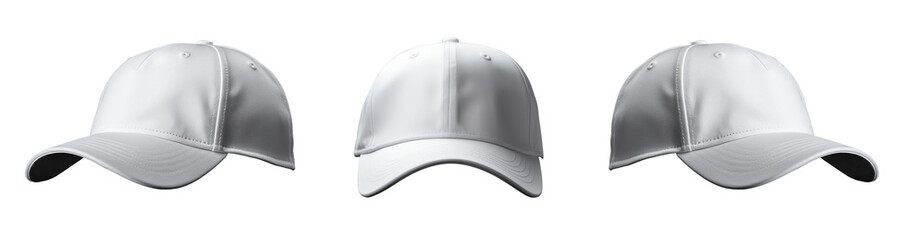 Blank white baseball cap in three different views, mockup, isolated, white background, generative ai