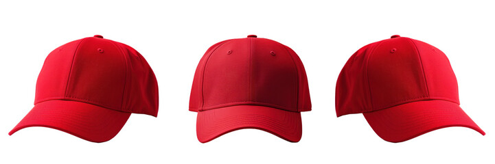 Blank red baseball cap in three different views, mockup, isolated, white background, generative ai