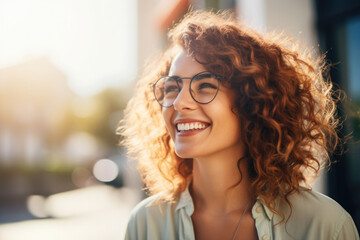  Portrait of happy young woman wearing glasses outdoors