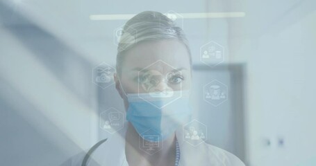 Sticker - Animation of icons and medical data processing over caucasian female doctor