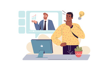 Wall Mural - business webinar concept with people scene in the flat cartoon style. a man learns all the intricaci