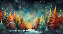 Beautiful Winter Forest With Colourful Glowing Trees, Starry Sky And Snowflakes. Artistic Christmas Eve Background Illustration. 