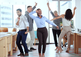 Wall Mural - Office, celebration and excited business people dance for success, achievement and team building. Corporate, collaboration and happy men and women dancing in workplace to celebrate bonus or profit