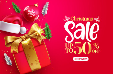 Christmas sale text vector banner design. Christmas promo discount offer with gift surprise box elements for advertisement. Vector illustration for holiday season shopping background.