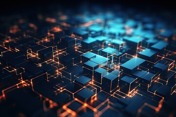 Abstract technological background with glowing lines and cubes. 3D Rendering, 3d rendering of abstract technology background. High tech network concept, AI Generated