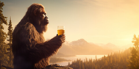 Sasquatch drinking a cold craft beer with scenic view. Generative AI