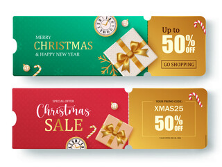 Wall Mural - Christmas sale voucher set vector banner. Christmas gift discount coupon collection for holiday season shopping sale. Vector illustration gift vouchers lay out.