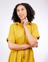 Sticker - Thinking, planning and woman with an idea or decision on a choice mindset isolated in a studio pink background. Memory, wondering and young female person with fashion inspiration or solution