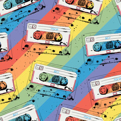 Seamless pattern with cassettes with your favorite music and a rainbow on the background