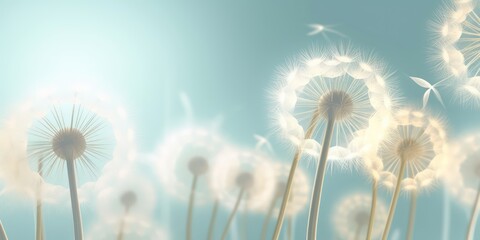 Sticker - Beautiful fantasy abstract 3D dandelions close up on a light blue background. Light delicate summer spring floral background