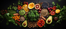 Healthy Food Clean Eating Selection: Fruit, Vegetable, Seeds, Superfood, Cereal, Leaf Vegetable In Kitchen Background