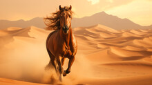 A Single Horse Run In Desert Sand , Beautiful Landscape Of Sandy Dunes