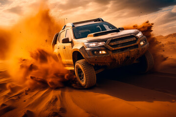 Wall Mural - Off-road vehicle in the desert climbing sand dune splashing sands around