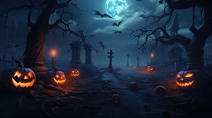 Wall Mural - Halloween background with pumpkins at cemetery. AI