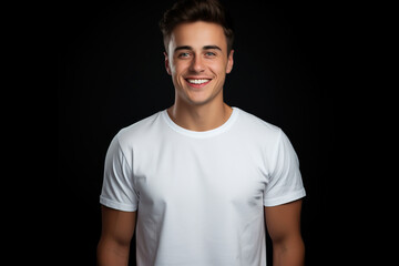 Wall Mural - Young smiling caucasian man wearing blank white t-shirt isolated on a black background. AI