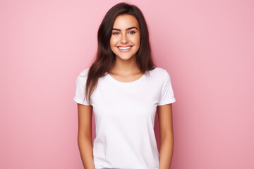 Wall Mural - Young smiling caucasian woman wearing blank white t-shirt isolated on a pink background. AI