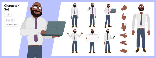 Illustration of black man with beard, wearing business clothing in a set of multiple poses. Easy to edit with editable line strokes and isolated on white background. Suitable for animation.