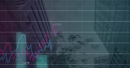 Wall Mural - Animation of statistical data processing over grid network against low angle view of tall buildings