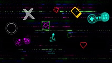 Wall Mural - animation of multiple video game concept icons against glowing light trails on black background
