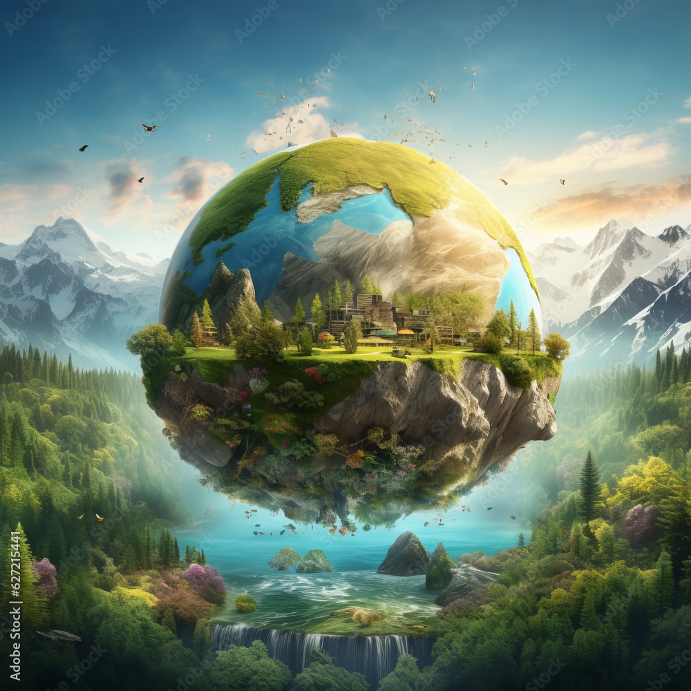 Full view of planet earth and nature landscape creative concept | World Environment Day | Save The Earth