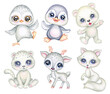 Watercolor set of Cute Winter Baby Animals, Hand Drawn white arctic animals Snow leopard, little Polar bear, snowy owl, baby reindeer, penguin and arctic fox isolated on white background