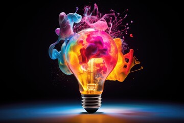 Wall Mural - Light bulb with colour explosion on dark background, created using generative ai technology