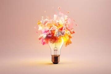 Wall Mural - Light bulb with colour explosion on pink background, created using generative ai technology