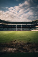 Wall Mural - Empty sports stadium with rugby field, created using generative ai technology