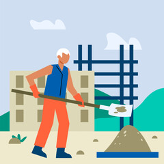 Wall Mural - Man holding shovel and pouring cement. Construction process concept. Worker build house and controlling process. Flat vector illustration in green colors in cartoon style