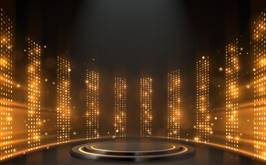 podium with golden light lamps background
